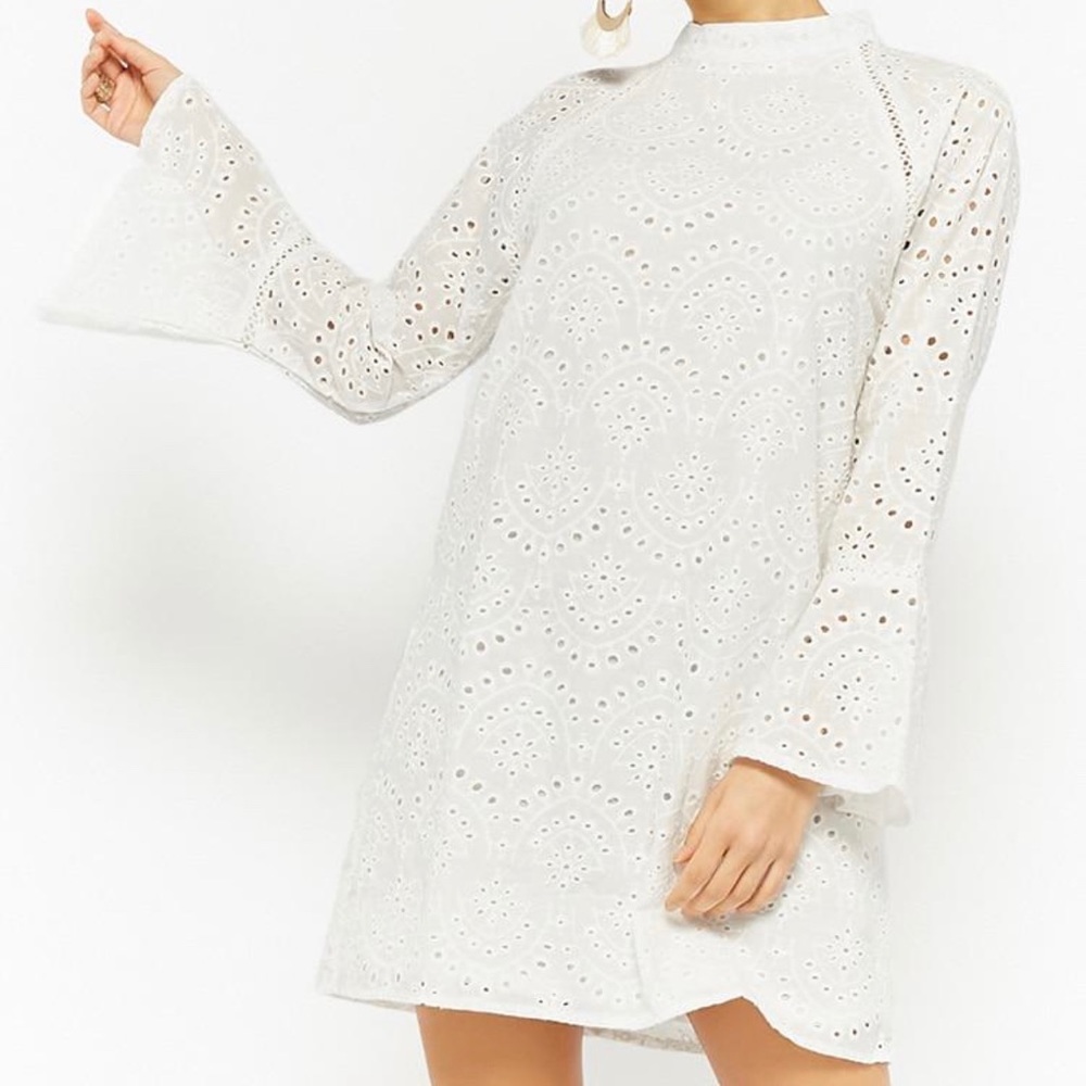 Eyelet Trumpet Sleeve Shift Dress